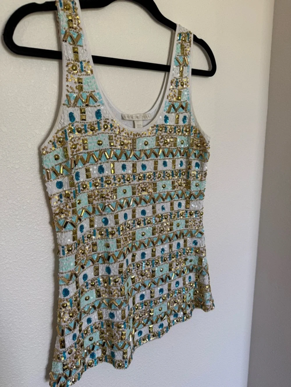 Boston Proper Beaded Sequin Tank Top Gold Aqua Resort Luxe Yacht Club Glam Sz S - Picture 5 of 7